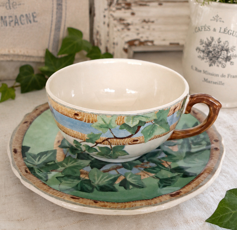 Vintage Gien Le Lierre Cup & Saucer France Ivy Faience Botanical French Country